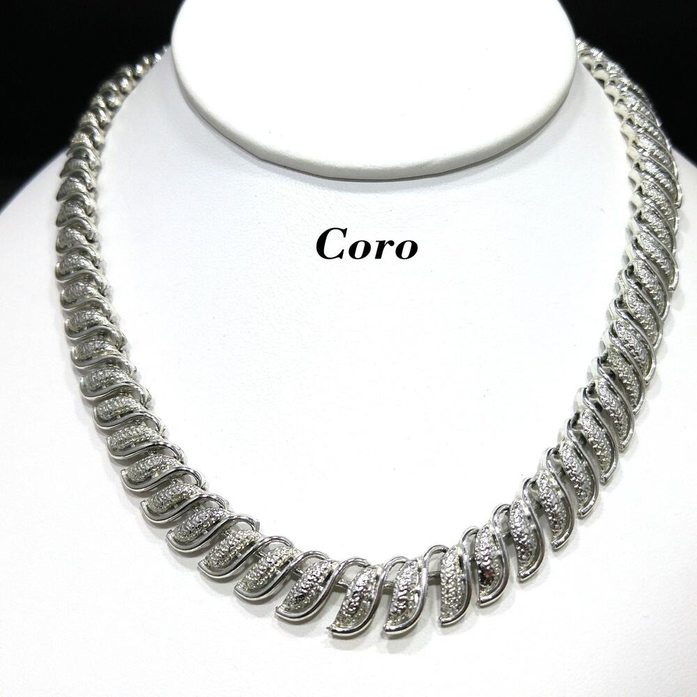 Coro Leaf Choker Necklace, Mid-Century Modern, Rhodium Plated, 1950s Vintage